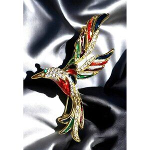 Vintage Multicolor Crystal Enamel Bird Brooch Pin